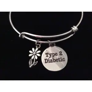 Type 2 Diabetic Silver Expandable Charm Bracelet Diabetes Adjustable Bangle Medical Alert Jewelry Gift