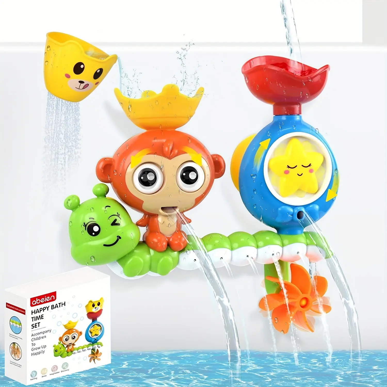 Boys and Girls Bath Toys Suitable for Youngsters, Children, Baby Bath Tub Toys, Gift Bathtub Toys, Waterfall Water Station, with a Stackable Cup Spray, Cute Monkey Shower Toy