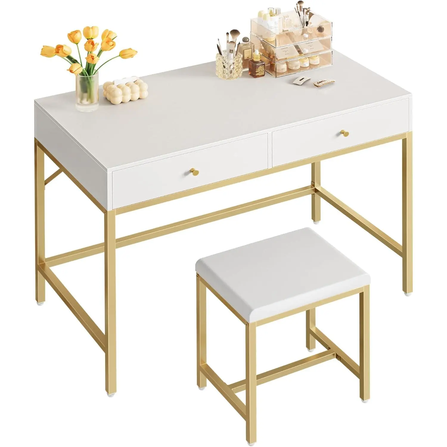35.4" White and Gold Desk with 2 Drawers, Modern Makeup Vanity with Cushioned Stool, Small Computer Desk Home Office Desk for Writing, Studying, Bedroom