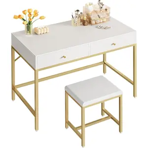 35.4" White and Gold Desk with 2 Drawers, Modern Makeup Vanity with Cushioned Stool, Small Computer Desk Home Office Desk for Writing, Studying, Bedroom