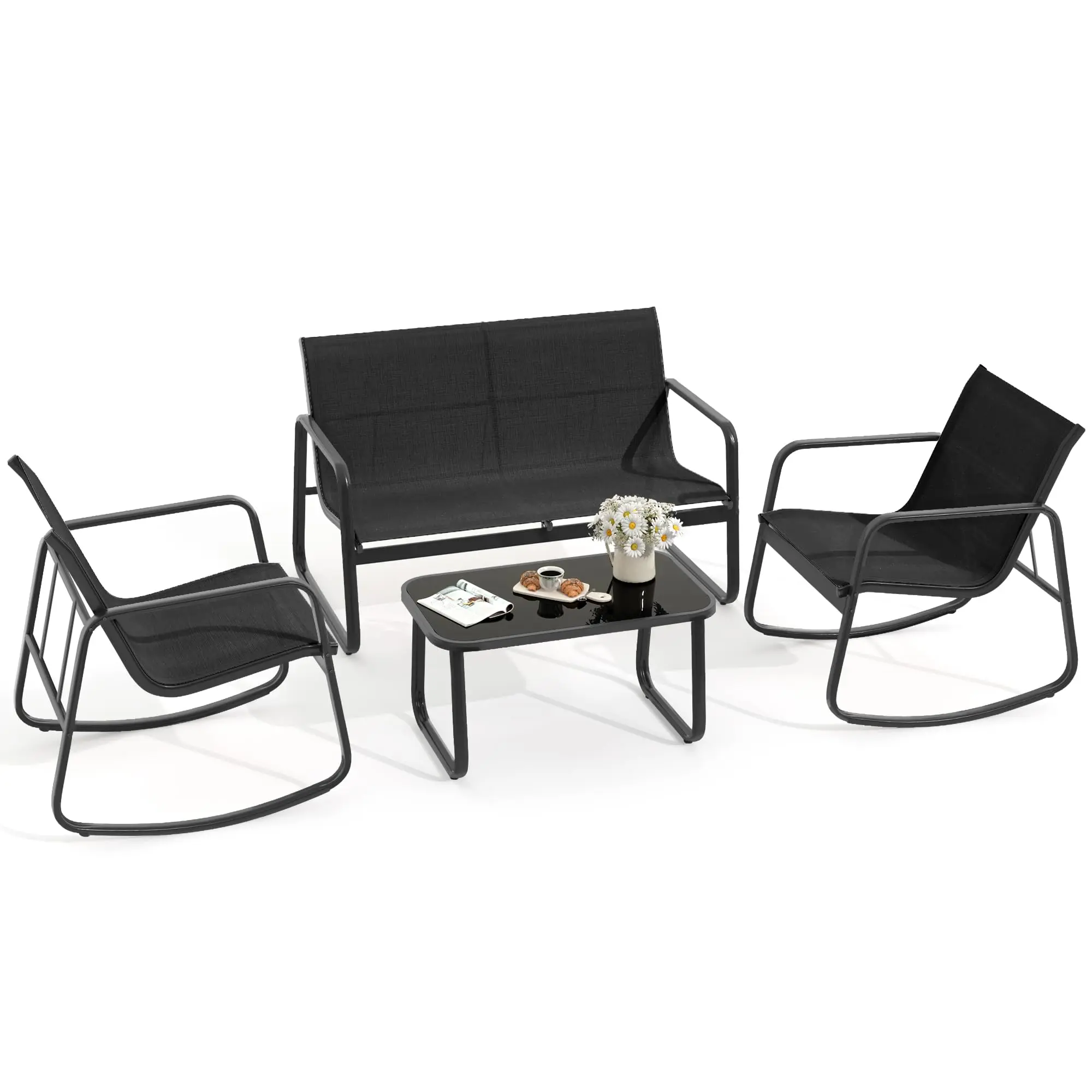 4 Pieces Outdoor Furniture Set 4 Pieces Patio Furniture Set Outdoor Conversation Textilene Fabric Chairs for Lawn, Garden, Balcony, Poolside with A Glass Coffee Table, Outdoor Furniture Set 4 Piece Patio Conversation Sets Porch Furniture with Lawn Chairs