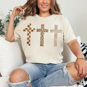 Comfort Colors Cross Faith Aesthetic T-Shirt, Leopard Checkered Graphic Tee, Inspirational Gift, Trendy Unisex Shirt