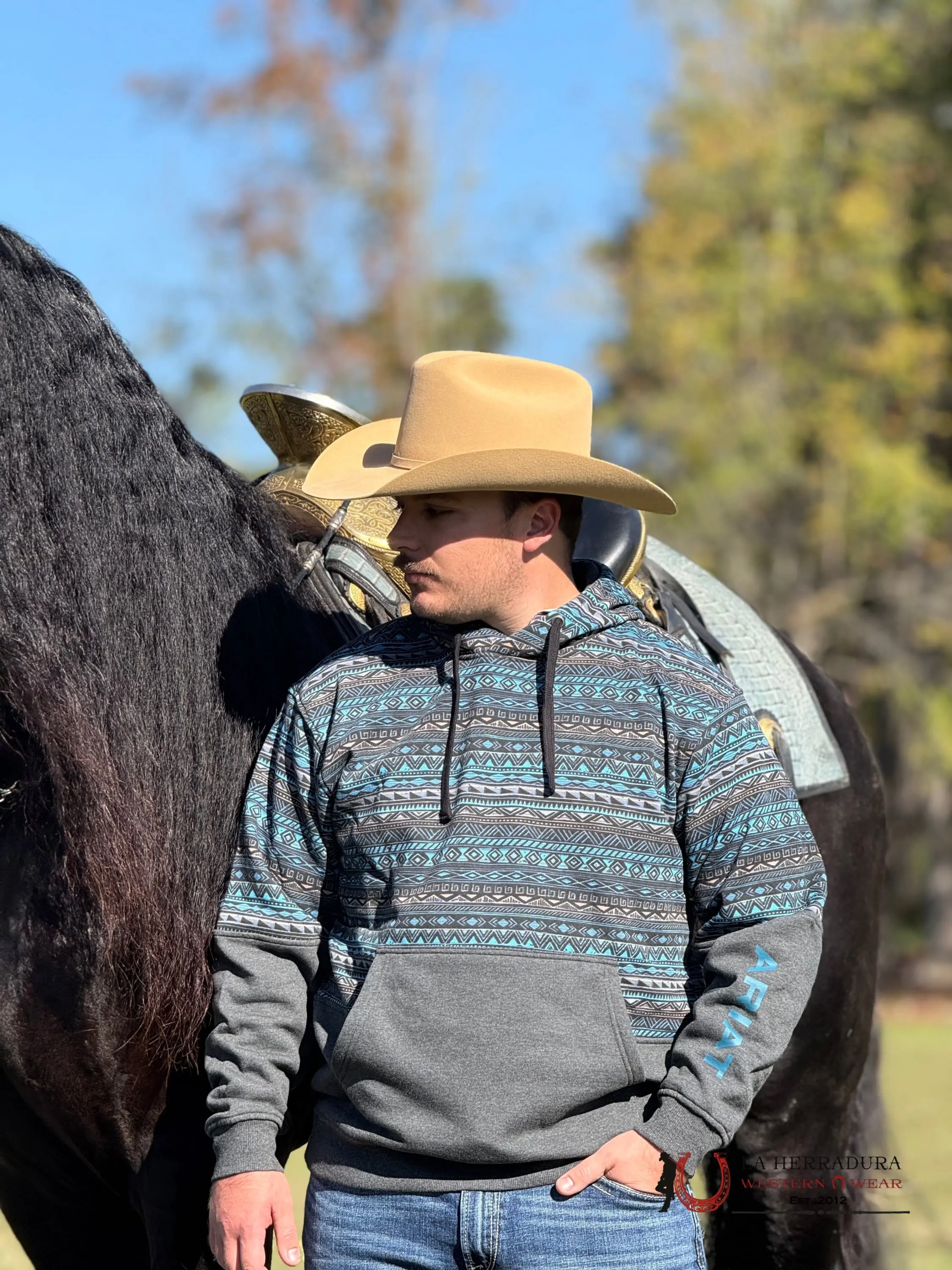 Ariat Men's Turquoise Color Block Hoodie, Soft Fleece Pullover Sweatshirt with a Kangaroo Pocket and Greater Arm Mobility, Sweatshirts, Menswear, Tops, Long Sleeve