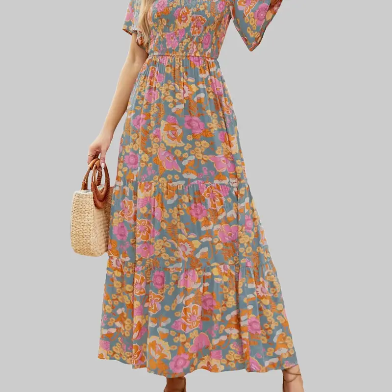 Zeagoo Live Women's 2026 Summer Casual Dress Floral Print Short Flutter Sleeve Crew Neck Smocked High Waist Flowy Maxi summerwins Style Bohemian,sohochic