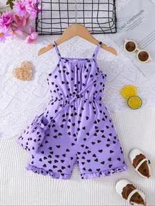 Girls' Heart Print Romper Set, Light Sleeveless Jumpsuit with Matching Bag, Cute Summer Casual Wear, Daily