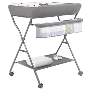 Baby Changing Table with Wheels,  Portable Adjustable Height Folding Diaper Station with Nursery Organizer & Storage Rack for Newborn Baby and Infant (Light Grey)