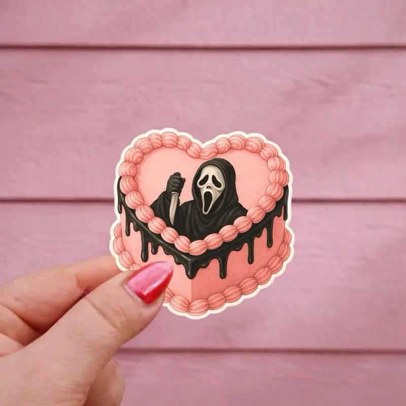 Ghostface Heart Cake Sticker, Spooky Cute Horror Sticker, Pastel Pink Scream Car Decal Sticker, Halloween Gothic Design, Scream Kindle Ipad Sticker