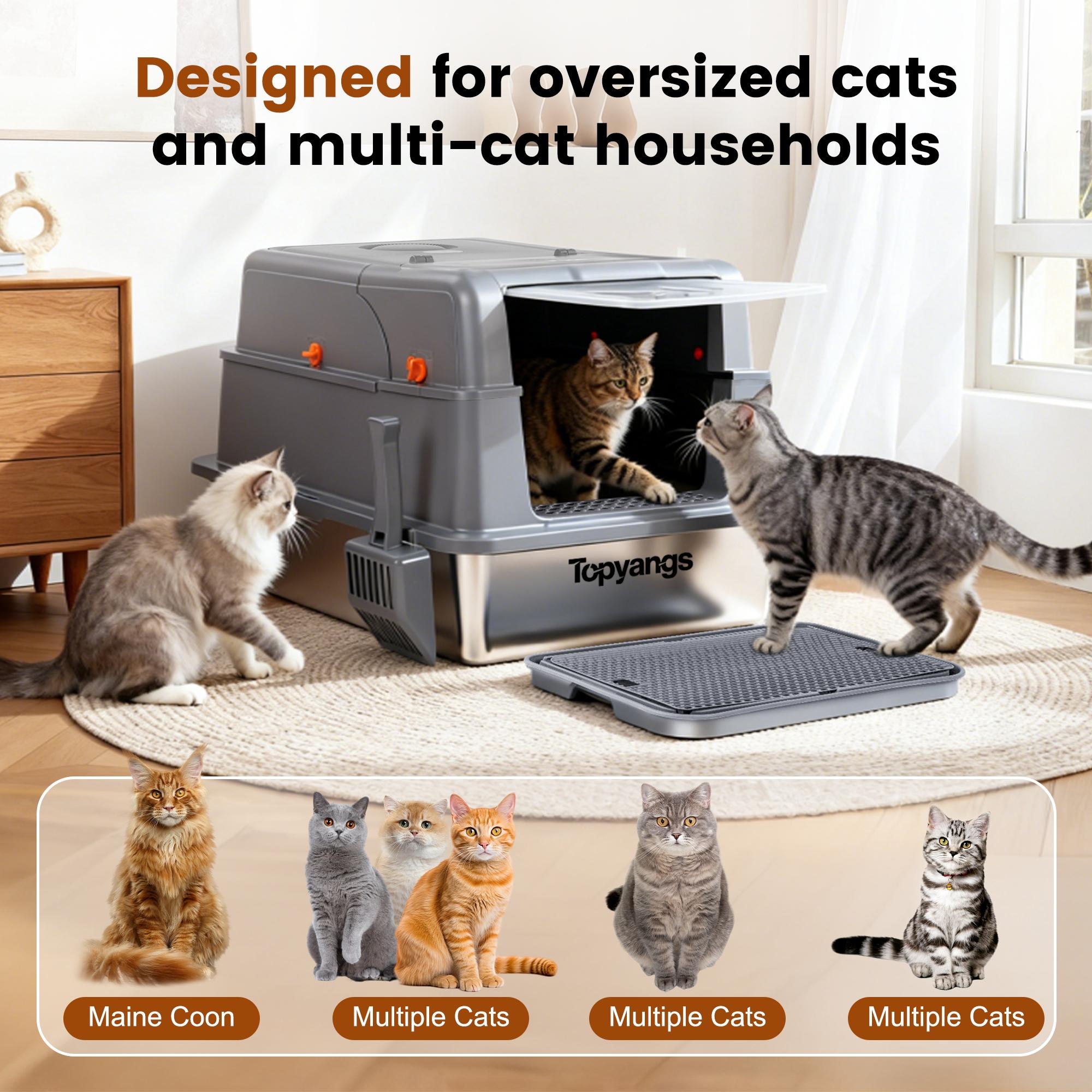 TOPYANS Stainless Steel XXXL Extra-Large Cat Litter Box with Lid High-Sided Enclosed Design Leak-Proof & Easy to Clean Ideal for Cats and Large Felines Christmas Gift