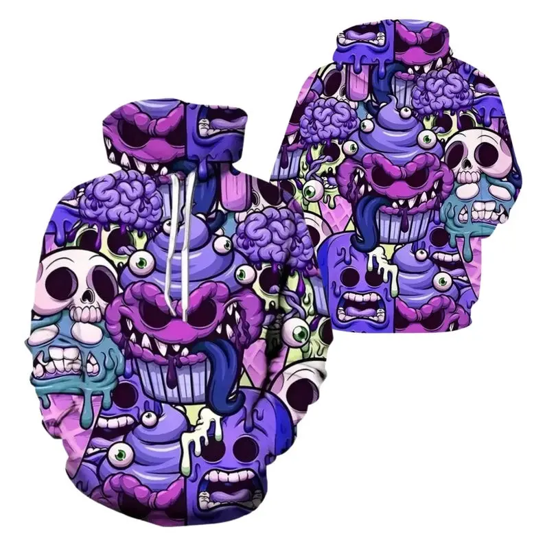 Purple Horror Cartoon Hoodie All Over Print Creepy Monster Skull Unisex Pullover