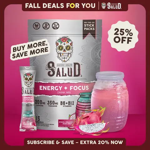 Salud 2-in-1 [Energy + Focus - Pitaya | Dragon Fruit] Clean Energy Drink Mix, Agua Fresca, Organic Caffeine (200mg), L-Theanine (350mg), L-Tyrosine, Vegan, Non-GMO, Gluten Free, Low Calorie, 1g Sugar (15 Servings)