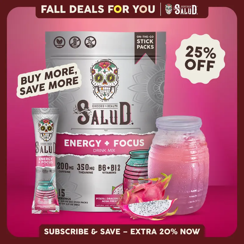 Salud 2-in-1 [Energy + Focus - Pitaya | Dragon Fruit] Clean Energy Drink Mix, Agua Fresca, Organic Caffeine (200mg), L-Theanine (350mg), L-Tyrosine, Vegan, Non-GMO, Gluten Free, Low Calorie, 1g Sugar (15 Servings)