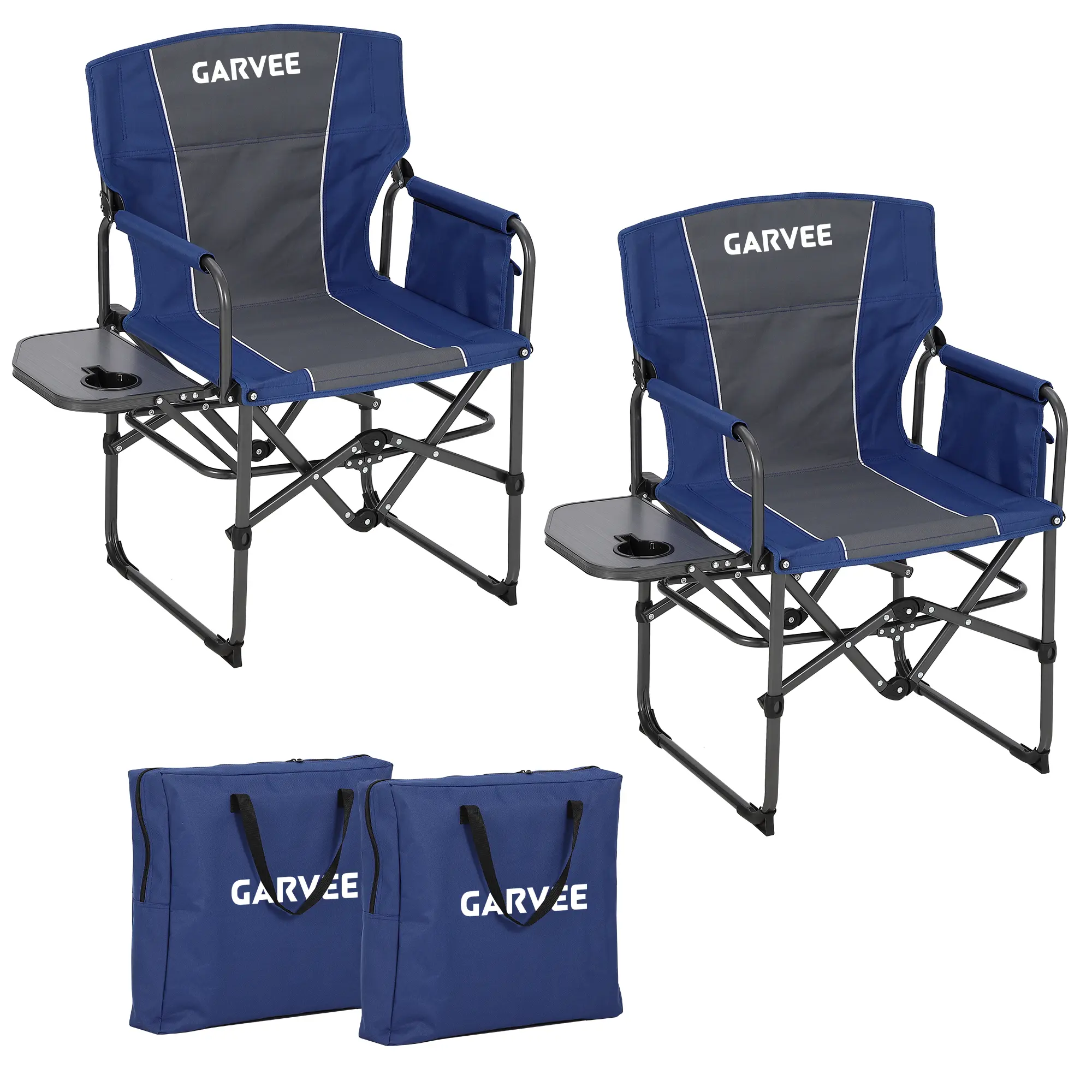 2 Pack Oversized Folding Director Chairs, Ergonomic Outdoor Seats with Side Table, Storage Pockets & Cup Holder, Portable Furniture for Beach, RV, Fishing, Garden and Deck