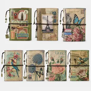 【OMEYA】Vintage Leather Journal Refillable Notebook for Women Travel Diary Sketchbook Planner with Unlined Pages Zipper Pocket Bible Study Supplies Girly Office Desk Accessories for Students Gifts (Flowers, Bird, Dandelion, Maps, Stamps, France, Rose)