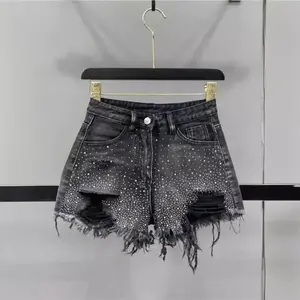 NewWomen's   New  Diamond Denim Shorts with Broken Holes and Wide Legs  Pants Jean Shorts