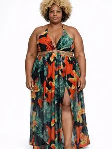 Women's Floral Print Chain Decor Halter Neck Maxi Dress, Summer Outfit for Lady, Back to School & Beach Holiday Vacation, Comfortable & Elegant casual  cotton  dresses actual  sundress