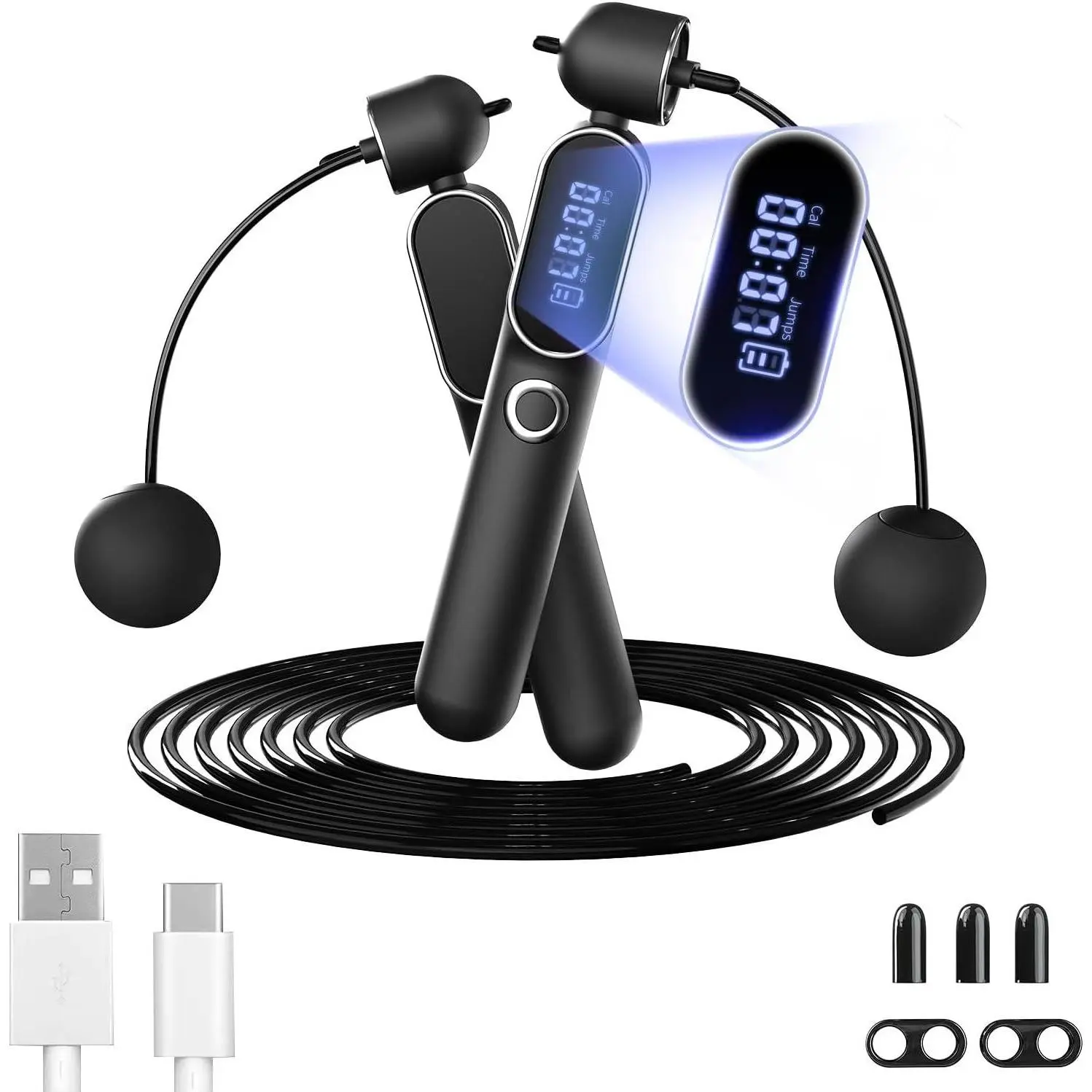 Cordless Jump Rope with Counter, 2 In 1 Weighted Ropeless Skipping Rope for Kids Women Men, Adjustable Digital Smart Jump Ropes for Fitness Workout Boxing Speed Training Crossfit Home Gym