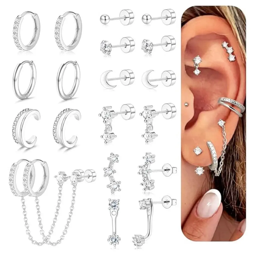 10 pairs Hypoallergenic Flat Back Earrings Stainless Steel Flatback Stud Hoop Earring Nap Stack Cartilage Earring For Sensitive Ears