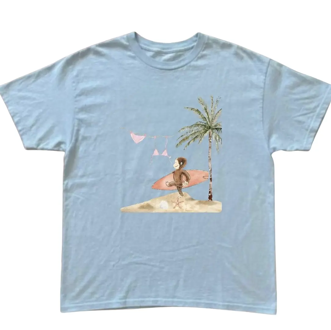 Curious George Monkey Surfing T-Shirt, Animal Tee, Cartoon Tshirt, Gifts Shirt, Unisex Vintage Graphic Tees Gothic Grunge Y2k Emo Scene Amity Affliction Style Clothes Men Women Streetwear Summer Beachwear