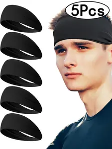 5Pcs-Unisex Running Sweatband Headband, Quick-Dry Sports Wide-Brim Sweat Absorbent Bandana, All-Season Sporty Style Hair Tie