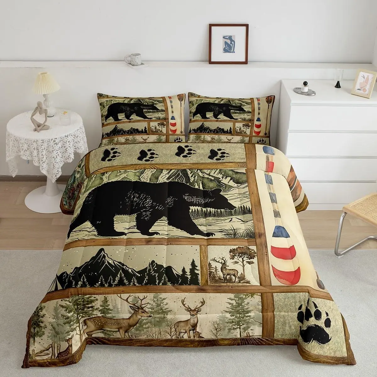 Feelyou Polyester Breathable Rustic Bedding Set - Multi-Size, All Seasons, Cozy Aesthetic, Animals Print, Woodland Vibe, Farmhouse Hunting Bear, Western Decor, Retro Lake Paddle, Deer Moose, U-Stitching, Travel-Ready Duvet Insert, Bedspread Set Queen, Qui