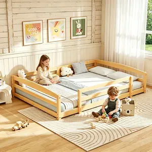 Naudacaa Twin / Full Toddler Bed with Rails, Low Montessori Floor Bed Frame for Kids w/ 2 Openings, Solid Wooden Floor Beds for Girls and Boys, CPC Certified
