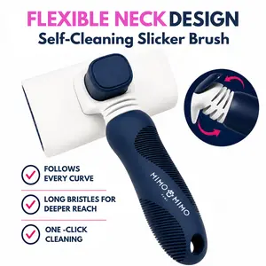 Self-Cleaning Slicker Brush for Dogs & Cats, Flexible Neck Grooming Brush for Deeper Reach with Long Stainless-Steel Bristles, Deshedding & Detangling Brush for Sensitive Skin, Good for Daily Use, One Click Easy Cleaning