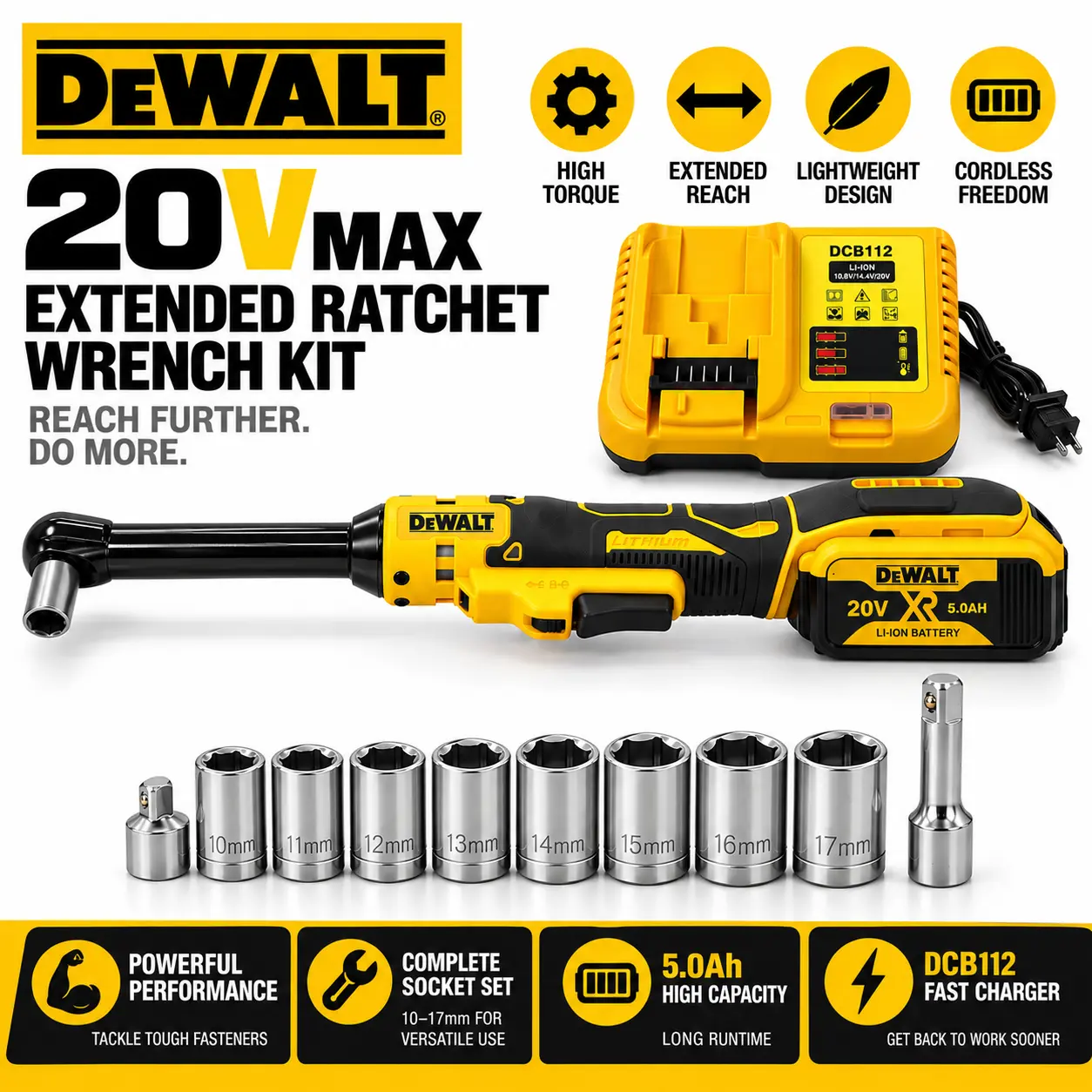 DEWALT 20V Cordless Ratchet Wrench Kit, 17.1" Extended Reach Electric Ratchet, Heavy Duty Metal Drive, 5.0Ah Battery & Socket Set, Forward Reverse Power Tool for Auto Repair, Mechanic, Garage & Equipment Maintenance