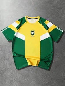 Vintage Brazil Style Football Jersey Shirts for Men - Oversized Bloke Core Aesthetic T-Shirt - Retro Green and Yellow Color Block Soccer Shirt for Summer Streetwear
