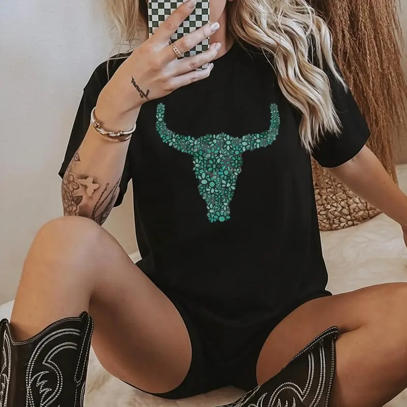 Women's Western Style Turquoise Long Horn shirt, Cowgirl Sweatshirt tops for women, Cowgirl Rodeo, Gift for Her western outfits women, western clothing stuff country girl clothes