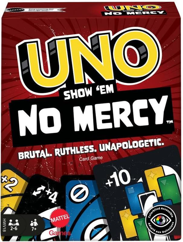 Mattel Games UNO Show 'em No Mercy Card Game for Kids Adults & Family Parties Travel with Extra Cards Special Rules & Tougher Penalties