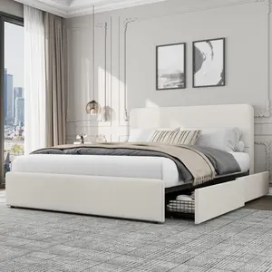 White Queen Size Bed Frame with Headboard, Fully Platform Upholstered Bed Frame with Storage Drawers, No Box Spring Needed, Noise-Free, Strong Wooden Slats Support, Easy Assembly