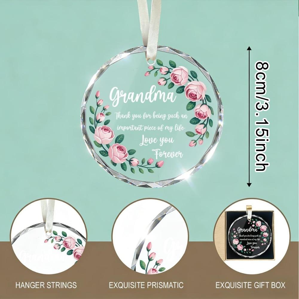 Grandma Quote Glass Ornament, "Thank You For Being Such An Important Piece Of My Life" 2D Flat Faceted Glass Hanging Decoration with Pink Roses, Sentimental Mother's Day & Birthday Gift for Grandma, Mothers Day Gift Balloon Arch Kit Frame Stand
