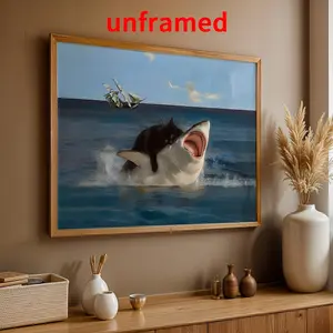 Cat & Shark Pattern Canvas Painting without Frame, 1 Count Unframed Painting Funny Wall Art, Wall Decor for Home Living Room Bedroom Study Room