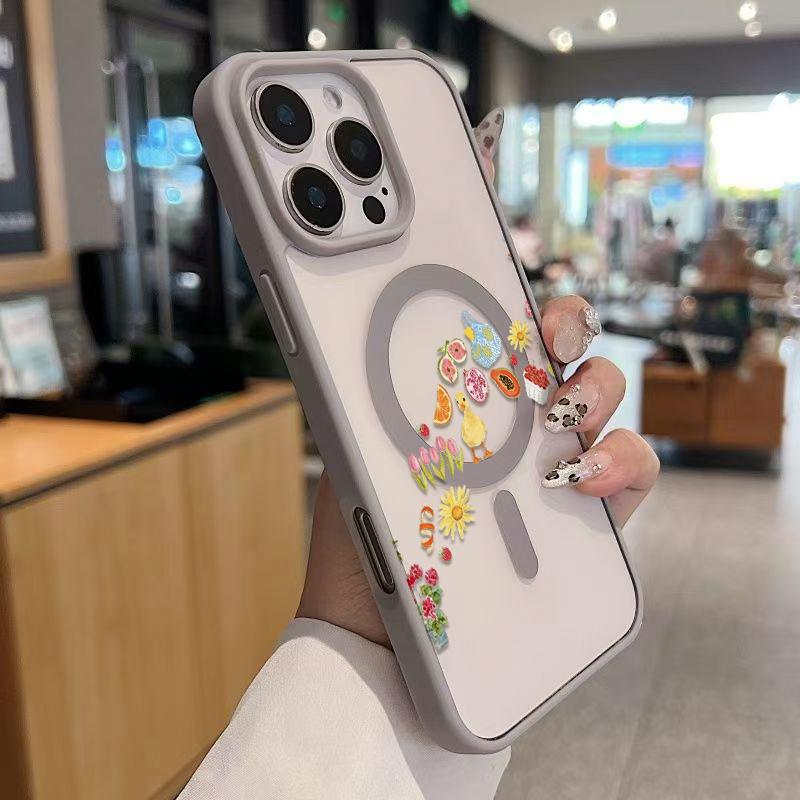Adorable Duck Surrounded By Colorful Fruits Phone Case Featuring A Soft Tpu Back With Built-In Strong Magnet Ring, Blending Smooth Macaron Texture With Secure Magsafe Compatibility For iPhone 17 16 15 14 13 12 11 X XS