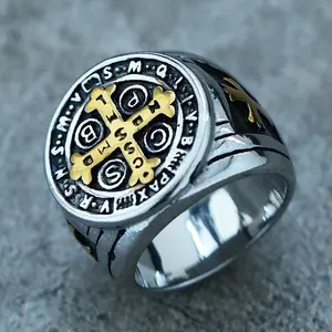 SAINT & RELIC St. Benedict Cross Ring for Men Two-Tone Protection Amulet Catholic Jewelry 316L Stainless Steel Comfort Fit US Sizes 6-10