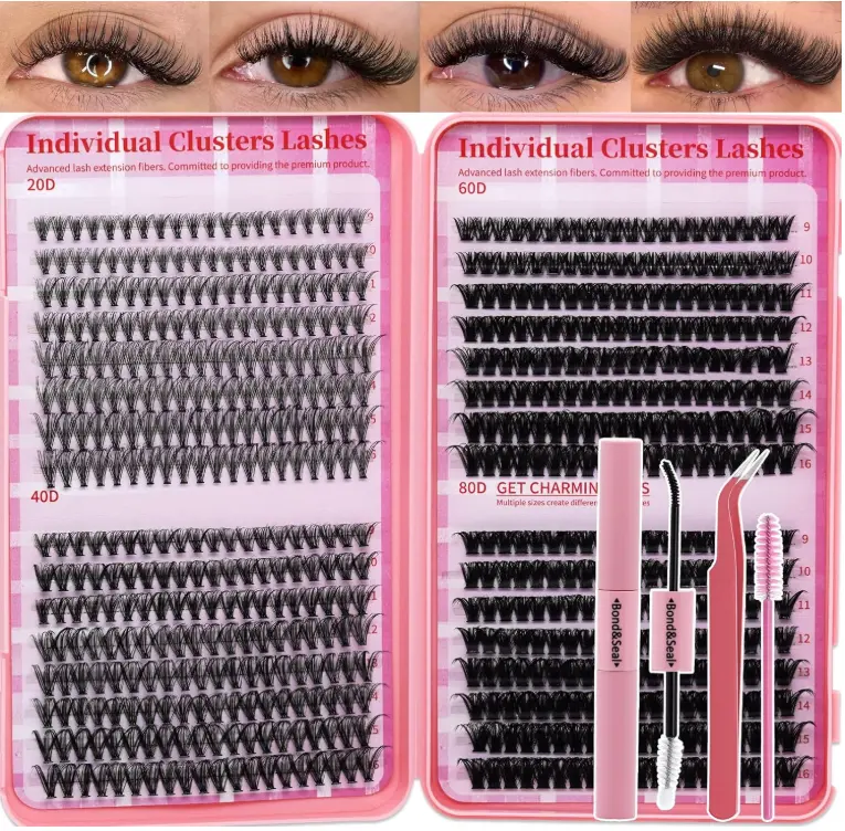 Lash Clusters Kit for beginners Eyelash Clusters Kit Lashes Clusters Kit Cluster Pestañas Postizas Naturales with Lash Bond&Seal,Lash Tweezers,Mascara Brush(640pcs 20D+40D+60D+80D Kit,9-16mm)