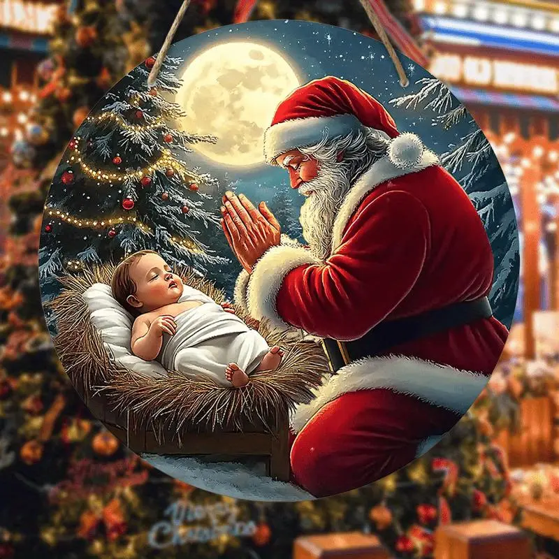 Christmas Themed Wooden Hanging Ornament, Santa Claus & Baby Design Hanging Sign, Hanging Decoration for Home Party Festival