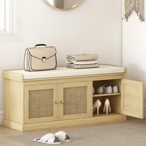 HOMCOM Shoe Bench with Woven Rattan Doors, Shoe Storage Bench with Cushion, Adjustable Shelves for 9 Pairs, Boho Style Entryway Bench for Bedroom, Living Room, 13.8 x 41.3 x 18.5 Inches, Oak Tone