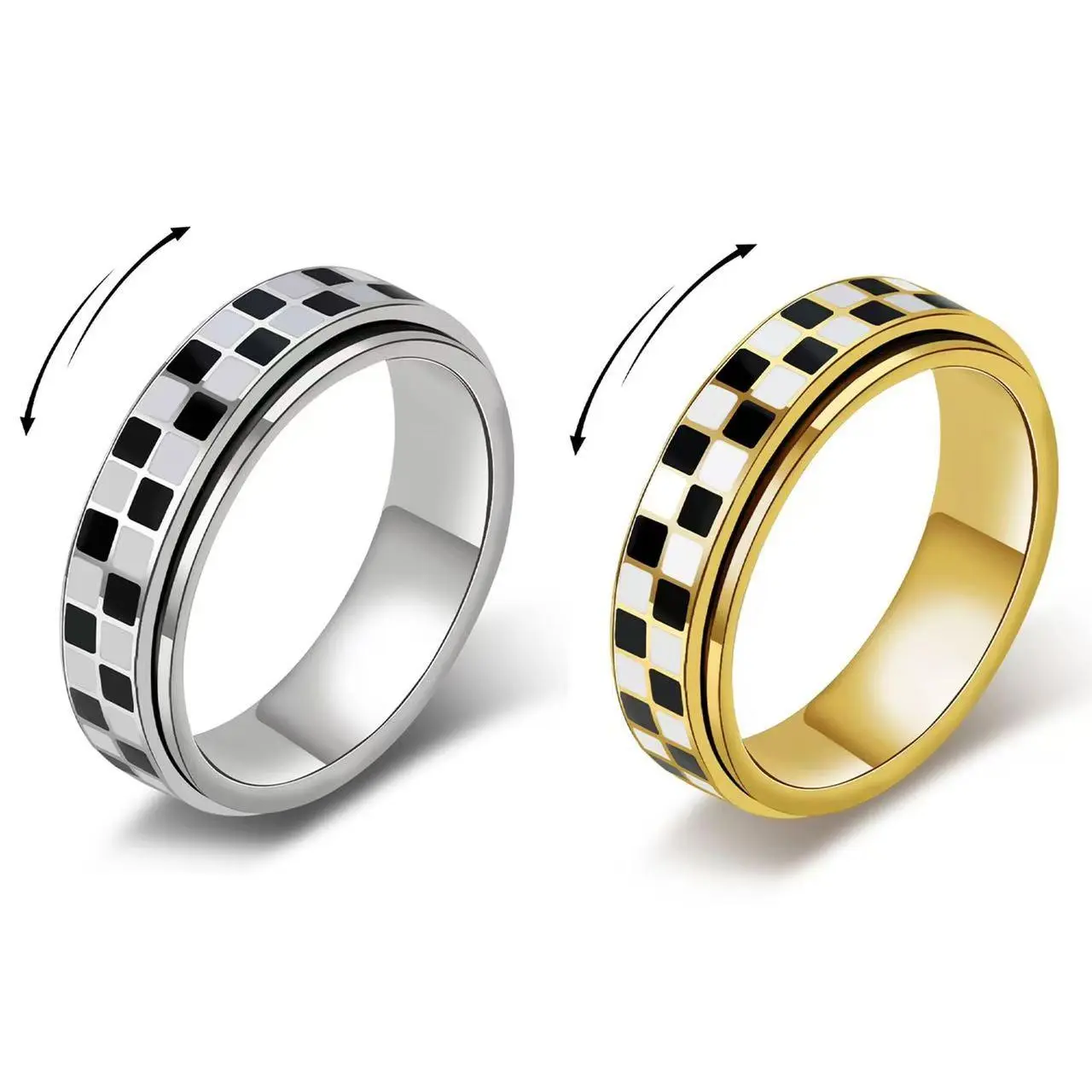 Gold Spinner Anxiety Ring for Women Men, Black White Checkerboard Pattern Rotating Fidget Ring, Stainless Steel Stress Relief Meditation Band Ring, Trendy Checkered Stackable Jewelry Gift for Birthday Party