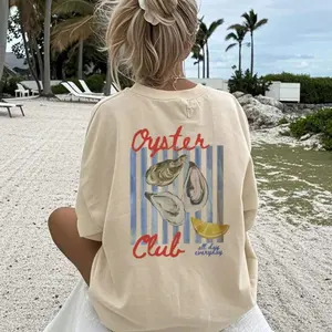Women's Food And Vacation Style Short-Sleeve T-Shirt, Casual Loose Fit, Oyster Lemon Stripe Decorative Print, Seafood Lover's Island Vacation Top, Summer Beach T-Shirt, Breathable Fabric, Ideal For Outdoor Wear, Vintage Top, oversized tshirt woman