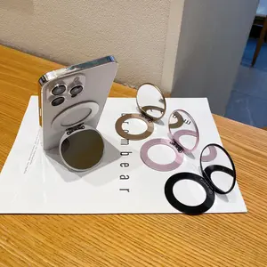 Desktop aluminum alloy adhesive cellphone holder, compatible with Apple smartphones, universal ring attachment, and makeup mirror holder