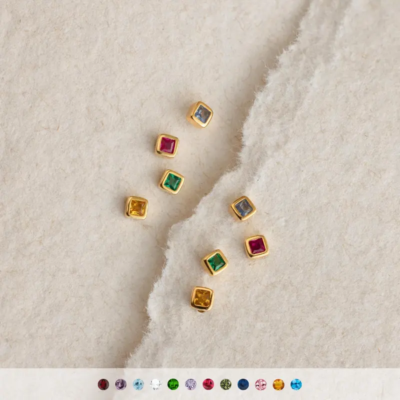 Square Bezel Birthstone Flatback Studs by Caitlyn Minimalist - Custom Gemstone Stud Earrings - Crystal Jewelry - Birthday Gift for Her