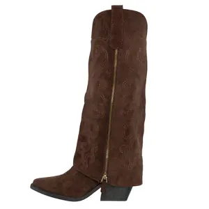 Women's Classic Western Knee-High Boots With Pattern Embroidery, Suede Material, Thick Block Heel, Casual Style, Year-Round Wear