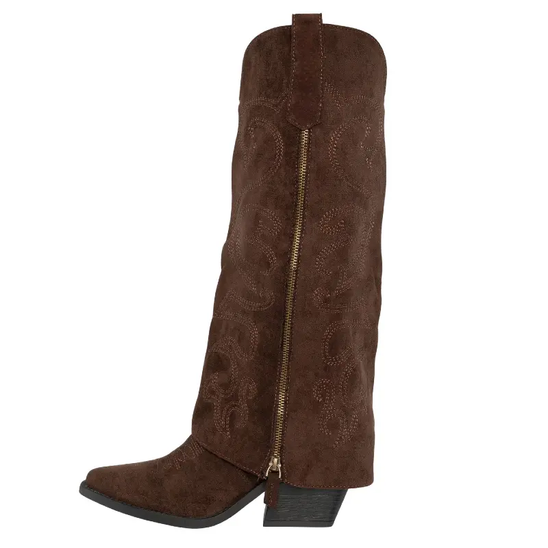 Women's Classic Western Knee-High Suede Boots - Pattern Embroidery, Thick Block Heel, Casual Style, Year-Round Wear, Shoe, Footwear