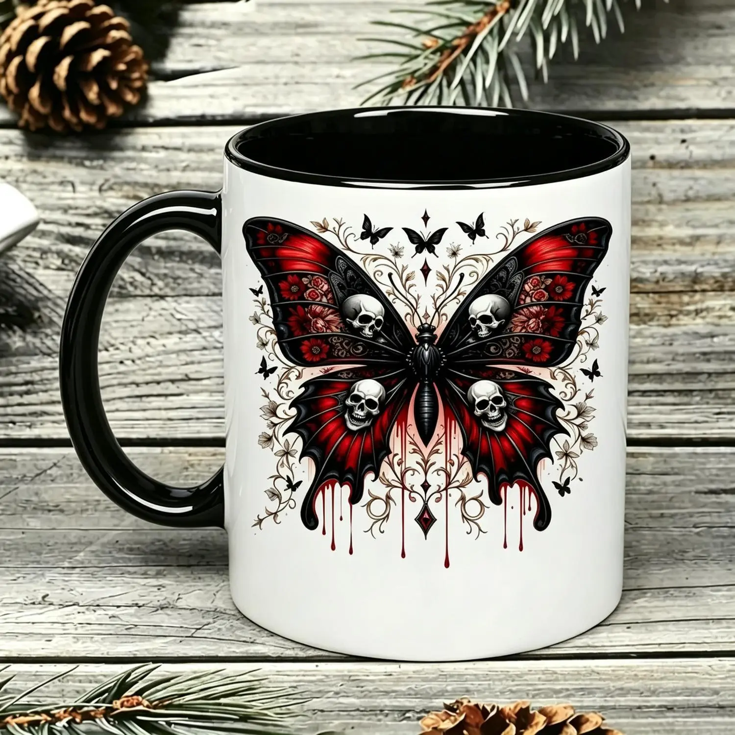 Gothic Mug with Red Blood Drip Skull & Symmetrical Skeleton Butterfly Print - Vintage Ceramic Tea Cup Suitable for Goth Aesthetic Lovers Gift for Themed Parties