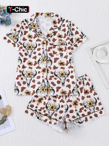 Women's Casual Fitted Pajama Set, Long Sleeve Button Front Shirt & Elastic Pants, Comfortable All-Season Sleepwear Loungewear, Cow