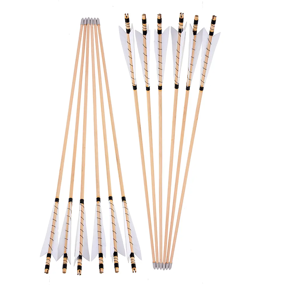 12pcs 32‑Inch White Feather Wooden Arrows with Stainless Steel Arrowheads, Universal Solid Wood Arrows for Outdoor Hunting, Archery Training