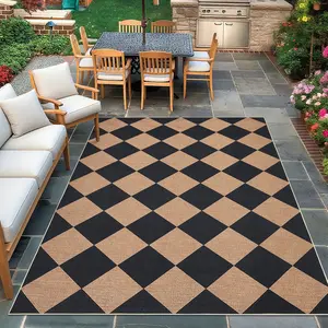 Modern Plaid Indoor/Outdoor Rug Washable Jute Rug Low Pile Foldable UV Protection Easy to Clean for Bedroom Living Room Terrace and Balcony