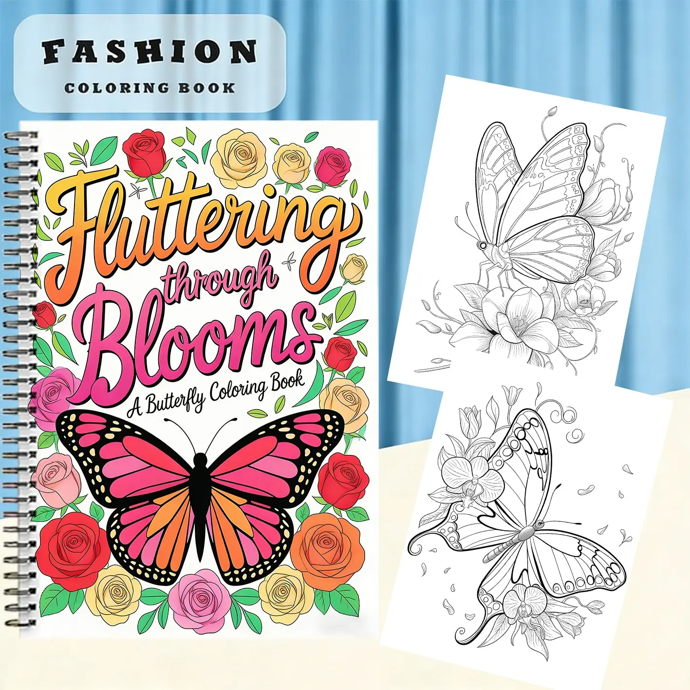 Floral Blooms Fluttering through Blooms Butterfly Coloring Book, Dual Spiral Binding, Simple Bold Spring Pages, 20 Pages (100g Paper), Perfect Relax Gift for Adults, Fashion Coloring Book, Relaxing Coloring Book