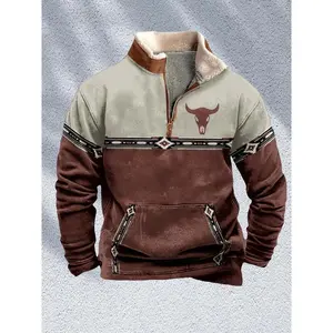 Men's Vintage Western Zip-Up Jacket with Bull Head Print, Black & Tan Design, Stand Collar, Long Sleeve, 1/4 Quarter Zip, Lightweight Polyester Blend, Casual Sporty Style, Outdoor Apparel |   Sporty Zipup |   Fake Finish